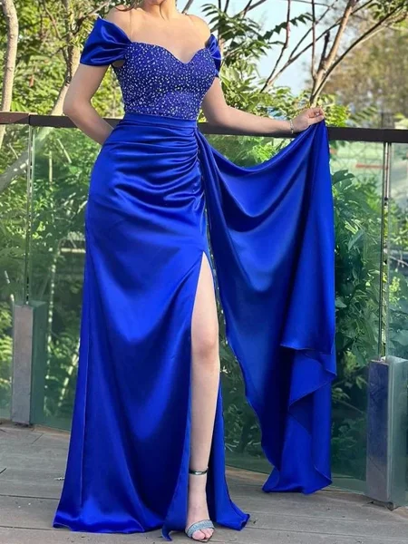 Sheath Off-the-Shoulder Beading Floor-Length Silk Like Satin Dress