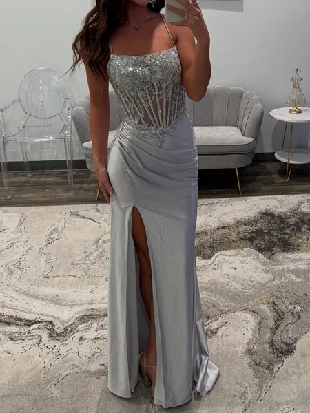 Sheath Spaghetti Straps Pleated Sweep Train Silk Like Satin Corset Dress