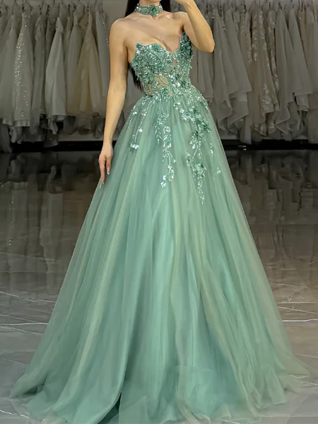 A-line Sweetheart Appliques Lace Floor-Length Tulle Corset Dress