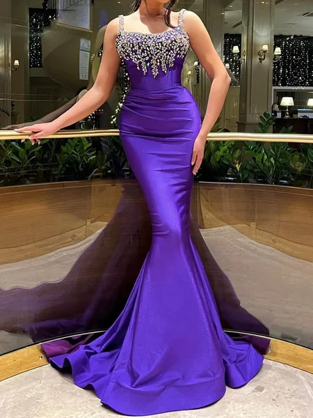 Mermaid Square Rhinestone Sweep Train Silk Like Satin Dress