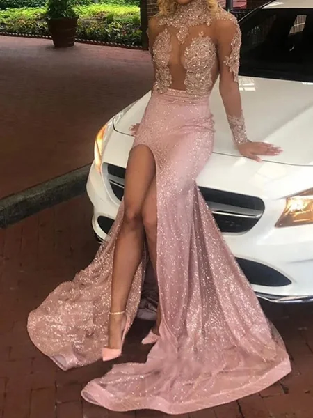 Sheath High Neck Long Sleeves Appliques Lace Sweep Train Dress