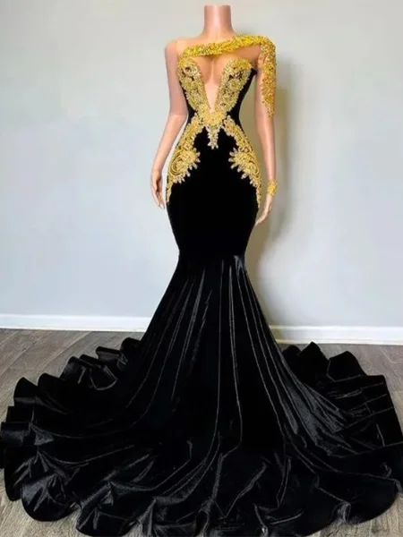 Mermaid One-Shoulder Appliques Lace Floor-Length Velvet Dress
