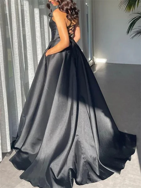 A-line V-neck Ruffles Sweep...