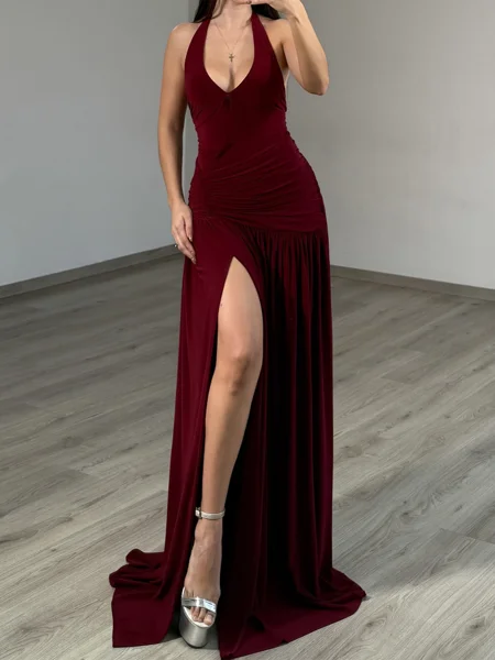 A-line Halter Pleated Sweep...