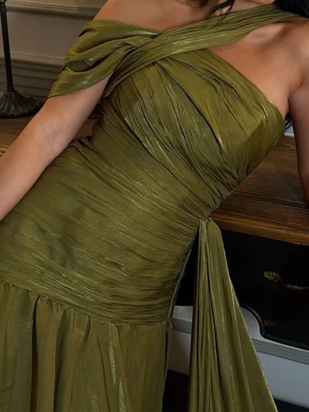 A-line One-Shoulder Pleated...