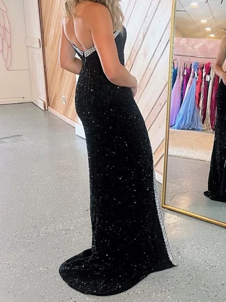 Sheath V-neck Beading Sweep...