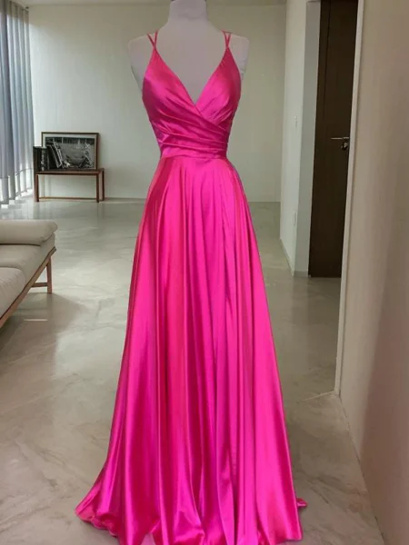 A-Line/Princess V-neck Sweep Train Silk Like Satin Prom Dresses