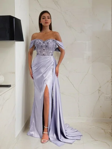 Sheath/Column Off-the-Shoulder Sweep Train Silk Like Satin Prom Dresses With Leg Slit