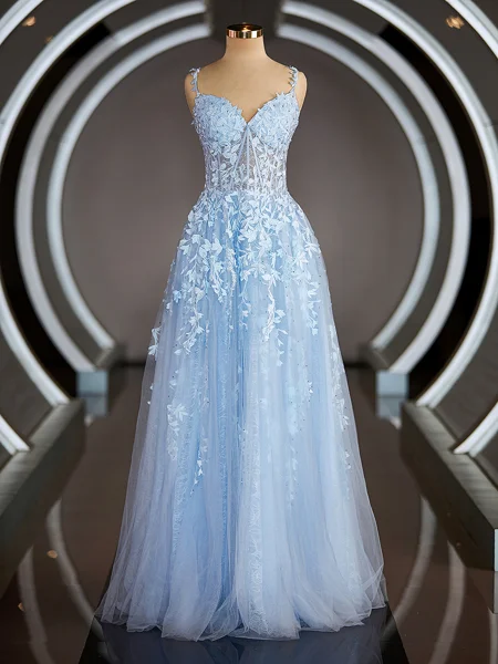 A-Line/Princess Off-the-Shoulder Floor-Length Tulle Prom Dresses With Appliques Lace