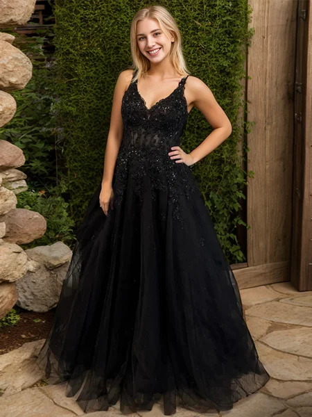 A-line V-neck Appliques Lace Sweep Train Corset Dress