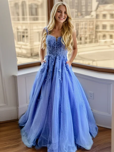 A-line Spaghetti Straps Appliques Lace Floor-Length Dress