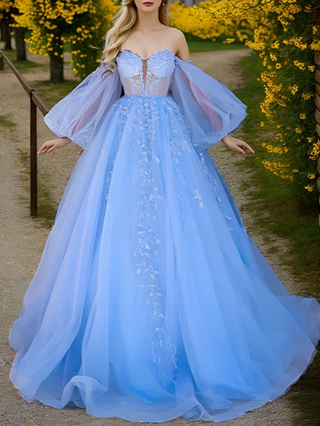 Ball Gown Sweetheart Long Sleeves Appliques Lace Sweep Train Tulle Corset Dress