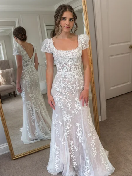 Sheath Square Short Sleeves Appliques Lace Sweep Train Tulle Corset Dress