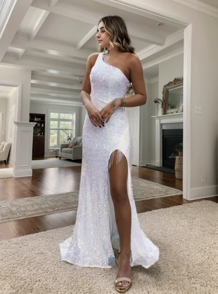 Sheath One-Shoulder Sequin...