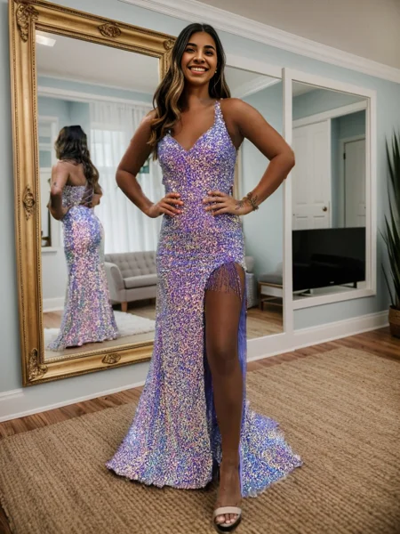 Sheath V-neck Sequin Sweep...