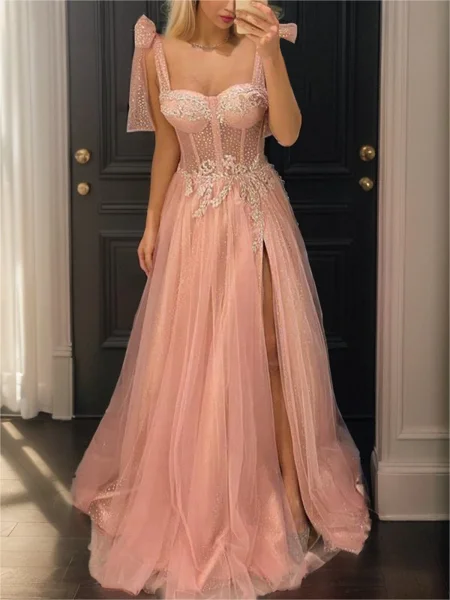 A-line Sweetheart Appliques Lace Floor-Length Tulle Corset Dress