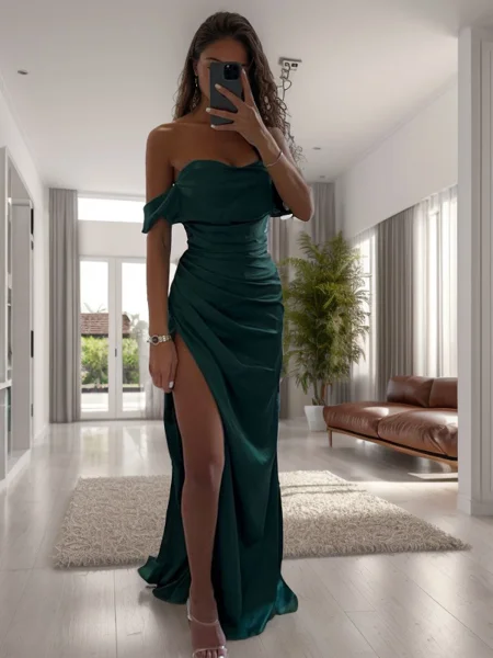 Sheath/Column Silk Like Satin Ruched Off-the-Shoulder Sleeveless Sweep/Brush Train Dresses