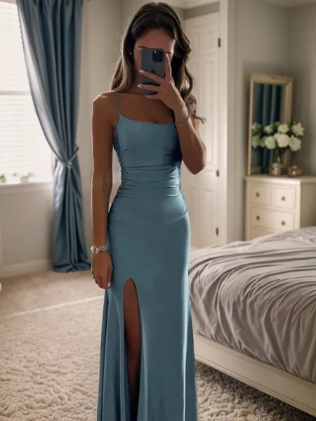 Sheath/Column Silk Like Satin Spaghetti Straps Sleeveless Floor-Length Dresses