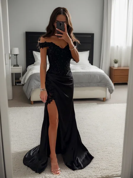 Sheath/Column Silk Like Satin Applique Off-the-Shoulder Sleeveless Sweep/Brush Train Dresses