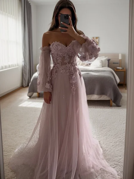 A-Line/Princess Tulle Applique Sweetheart Long Sleeves Sweep/Brush Train Dresses