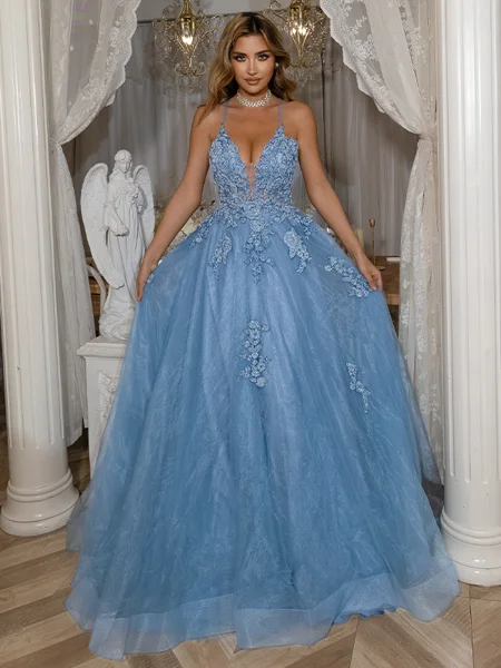 A-Line V-neck Tulle Spaghetti Straps Appliques Lace Sweep Train Dress