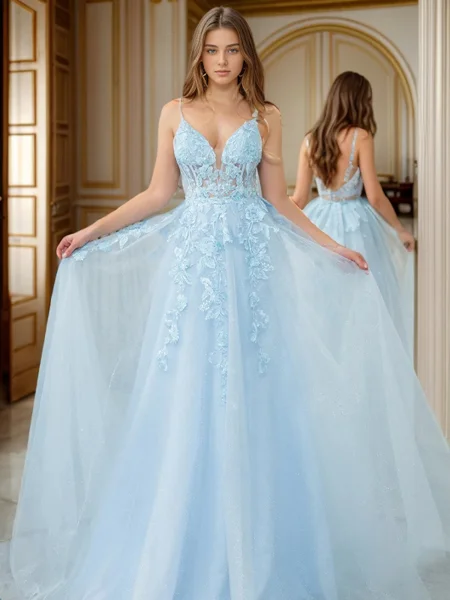 A-line V-neck Appliques Lace Floor-Length Tulle Corset Dress