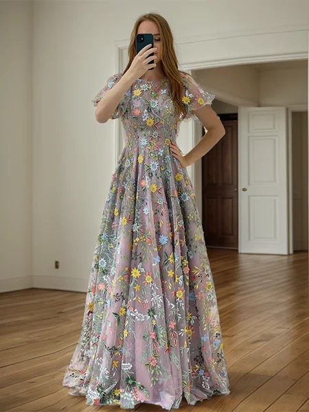 A-line Scoop Short Sleeves Appliques Lace Sweep Train Lace Dress