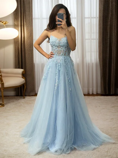 A-line Spaghetti Straps Appliques Lace Sweep Train Tulle Corset Dress