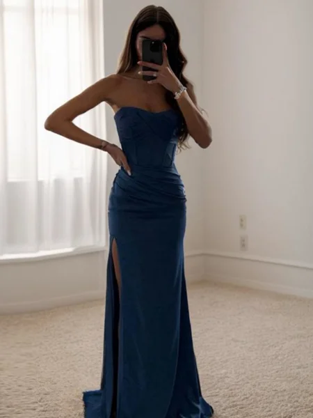 Sheath Straight Pleated Sweep Train Silk Like Satin Dress