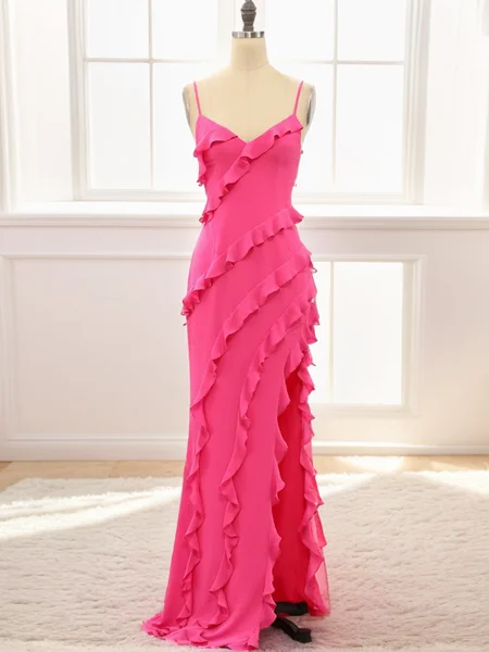 A-Line/Princess Spaghetti Straps Sweep Train Stretch Crepe Dresses with Leg Slit