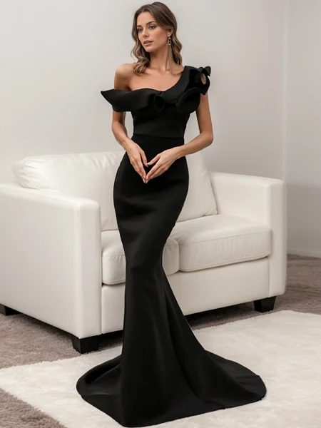 Trumpet/Mermaid One-Shoulder Court Train Satin Dresses