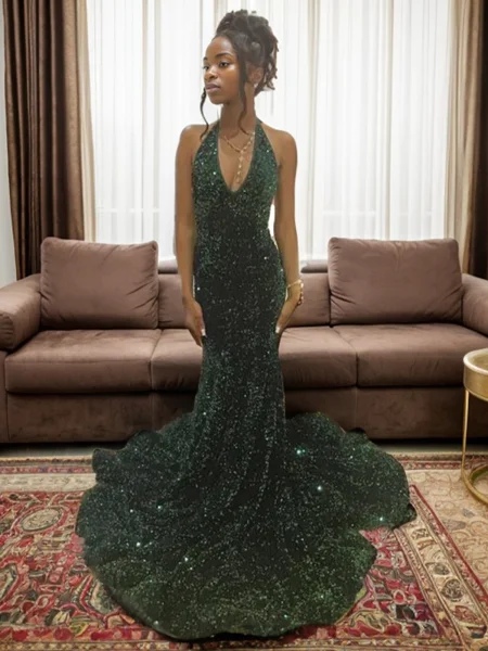 Trumpet/Mermaid V-neck Court Train Velvet Sequins Dresses