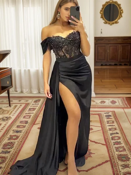Sheath/Column Off-the-Shoulder Sweep Train Silk Like Satin Corset Dress