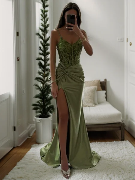 Sheath V-neck Appliques Lace Sweep Train Silk Like Satin Corset Dress