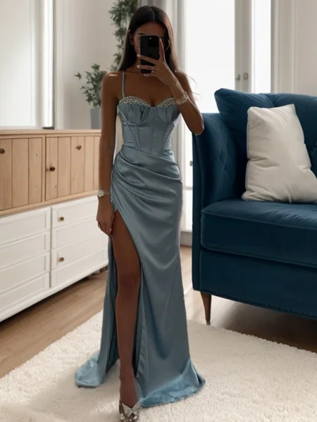 Sheath Spaghetti Straps Pleated Floor-Length Silk Like Satin Corset Dress