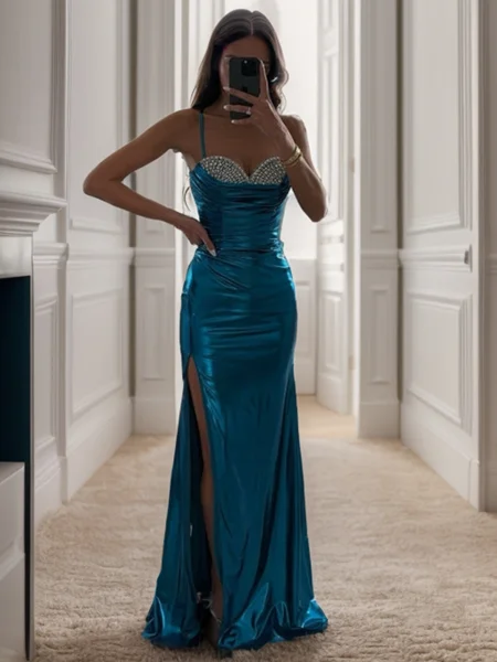 Sheath Spaghetti Straps Rhinestone Floor-Length Dress