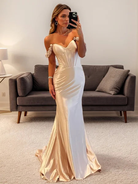 Sheath Off-the-Shoulder Flower Court Train Silk Like Satin Corset Dress