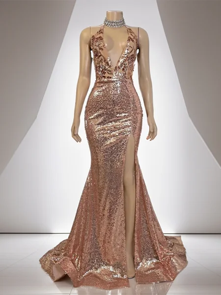 Sheath V-neck Sequin Sweep...