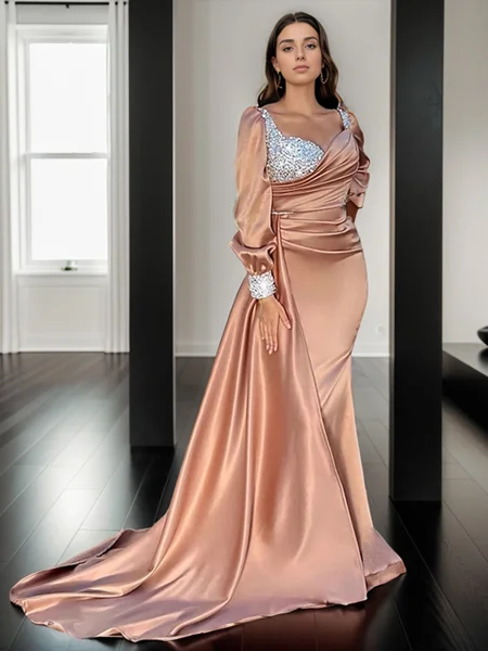 Sheath Sweetheart Long Sleeves Rhinestone Court Train Silk Like Satin Dress