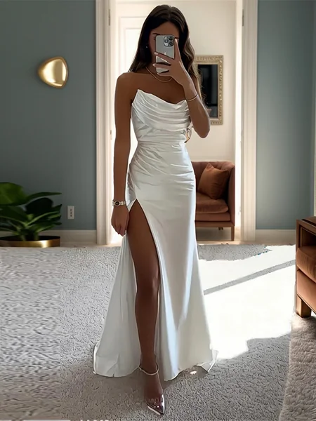 Sheath/Column Sheer Neck Sweep Train Silk like Satin Sleeveless Dress