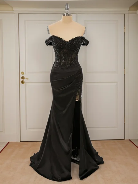 Sheath Silk Like Satin Off-the-Shoulder Appliques Lace Sweep Train Corset Dress