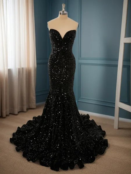 Mermaid Velvet Sequins Sweetheart Sweep Train Dress