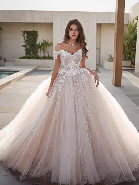 Ball Gown Off-the-Shoulder Floor-Length Tulle Wedding Dresses With Appliques Lace