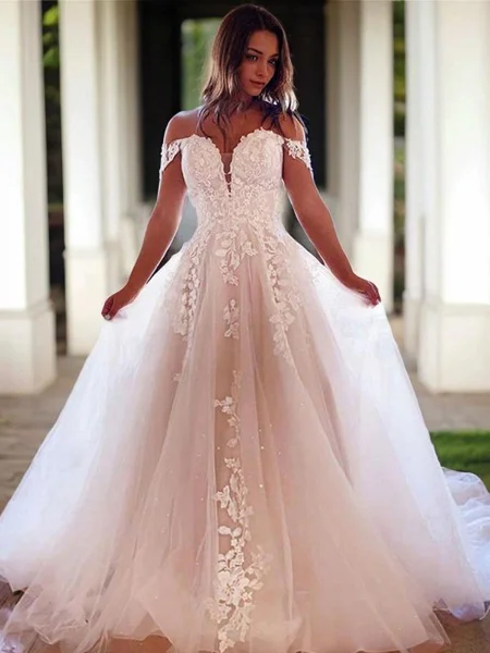 A-Line/Princess Off-the-Shoulder Chapel Train Tulle Wedding Dresses