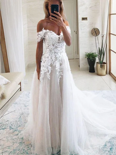 A-Line/Princess Off-the-Shoulder Cathedral Train Tulle Wedding Dresses With Appliques Lace