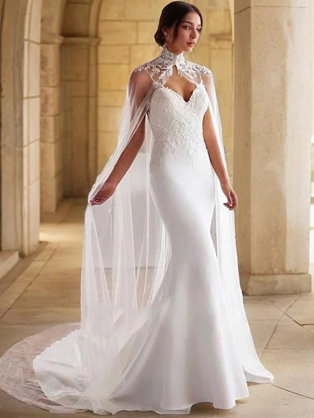 Trumpet/Mermaid Sweetheart Sweep Train Stretch Crepe Wedding Dress with Appliques Lace