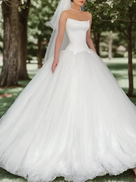 Ball Gown Straight Floor-Length Tulle Wedding Dress