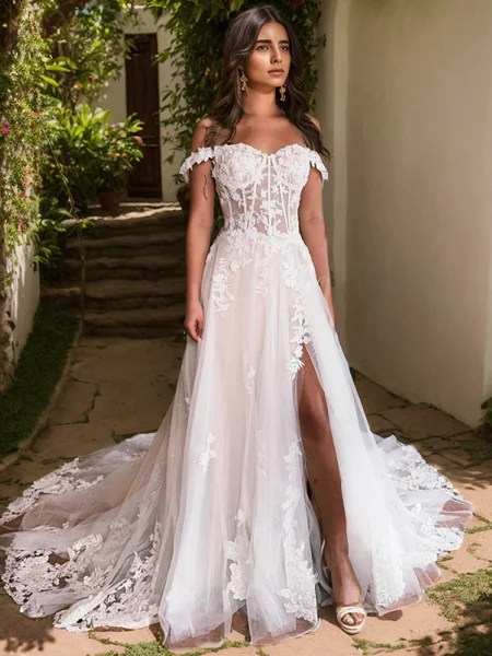 A-line Off-the-Shoulder Appliques Lace Chapel Train Tulle Corset Wedding Dress
