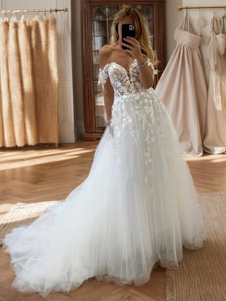 A-line Off-the-Shoulder Appliques Lace Court Train Tulle Corset Wedding Dress