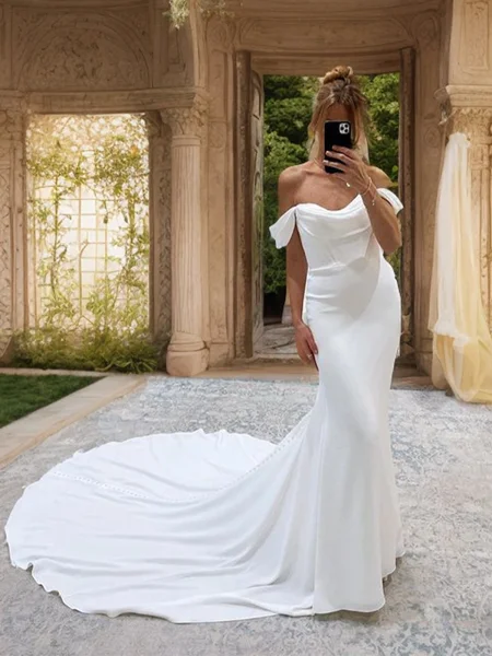 Sheath Off-the-Shoulder Pleated Cathedral Train Charmeuse Wedding Dress